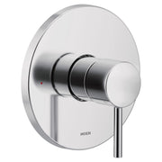 Chrome single-handle valve trim kit with round escutcheon plate, cylindrical handle, and red indicator dot.
