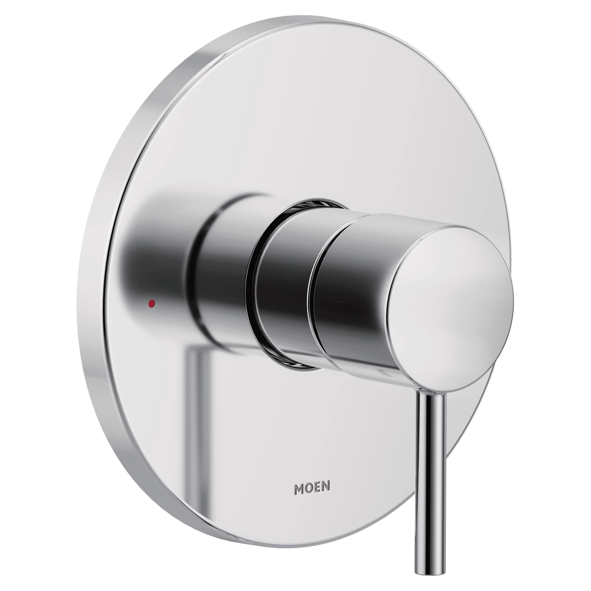 Chrome single-handle valve trim kit with round escutcheon plate, cylindrical handle, and red indicator dot.