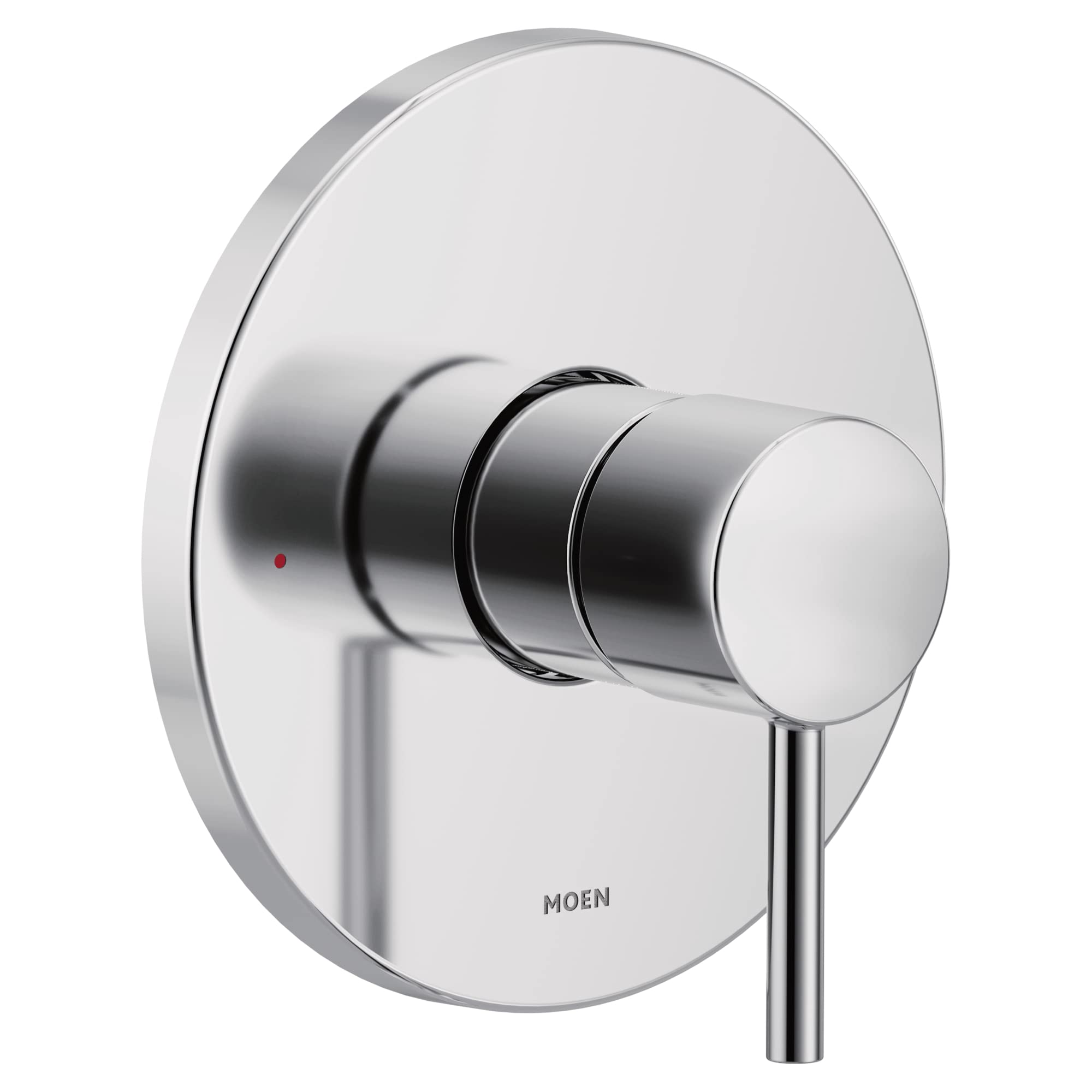 Chrome single-handle valve trim kit with round escutcheon plate, cylindrical handle, and red indicator dot.