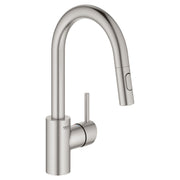 Grohe Concetto stainless steel single-handle pull-down bar faucet with curved spout and control button.