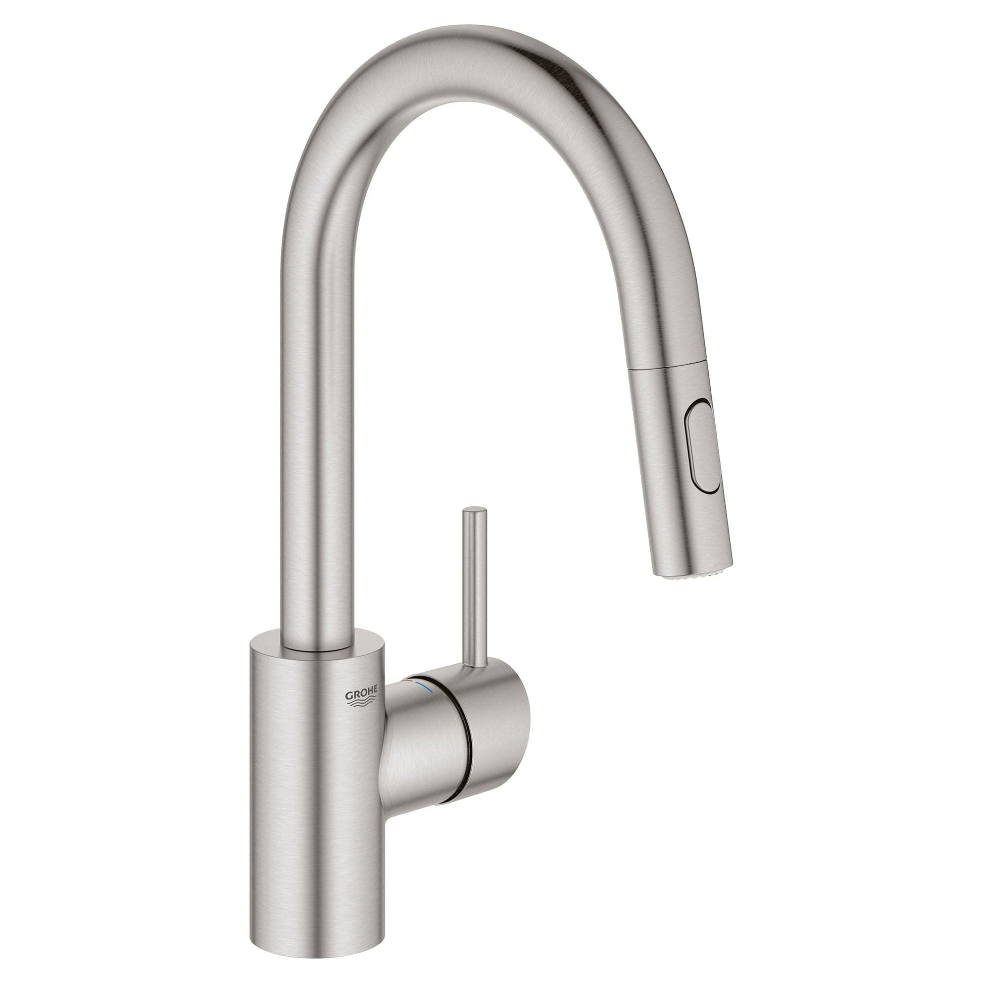 Grohe Concetto stainless steel single-handle pull-down bar faucet with curved spout and control button.
