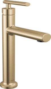 Champagne bronze single-handle bathroom faucet with cylindrical body and curved spout.