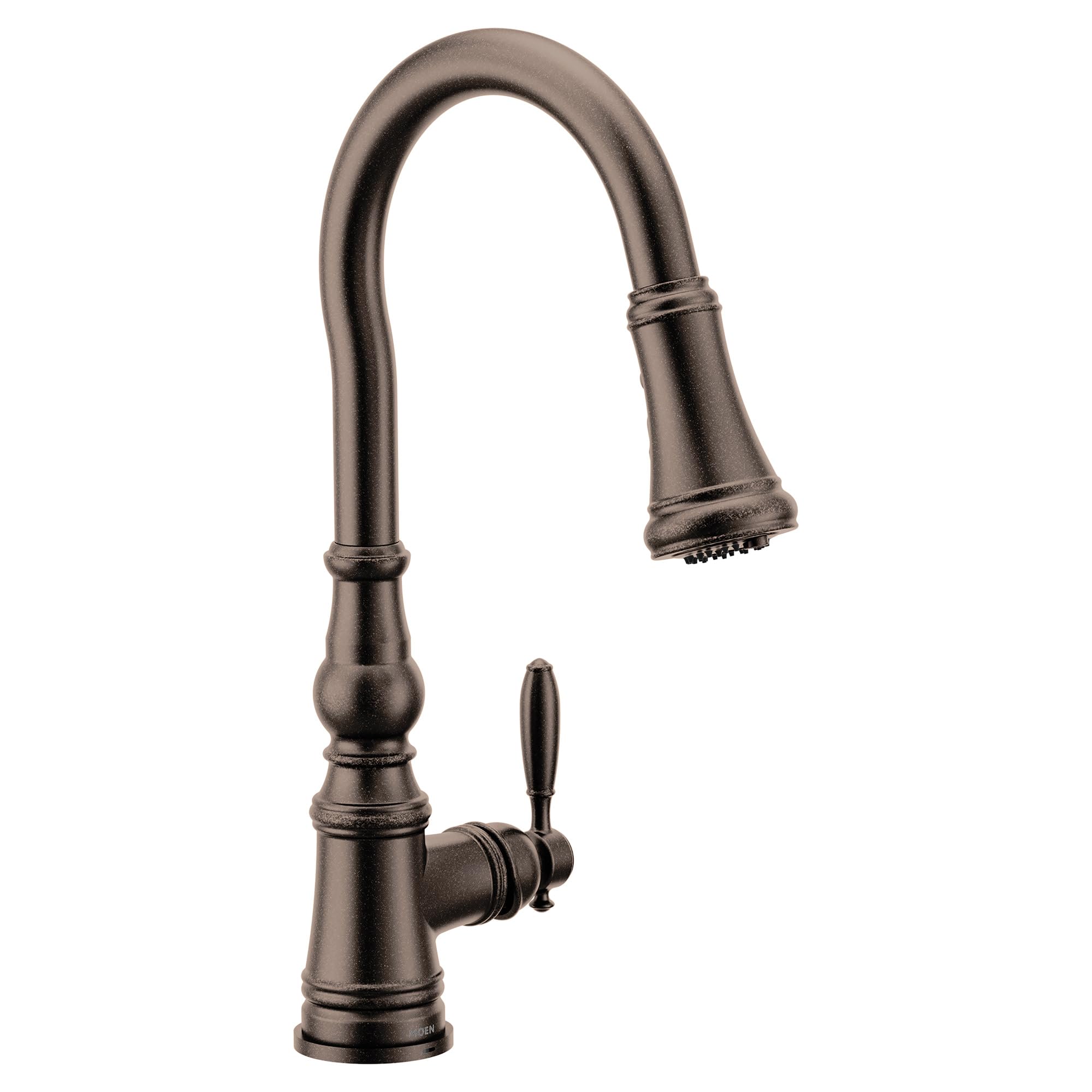 Oil rubbed bronze kitchen faucet with curved pulldown spout and single lever handle.