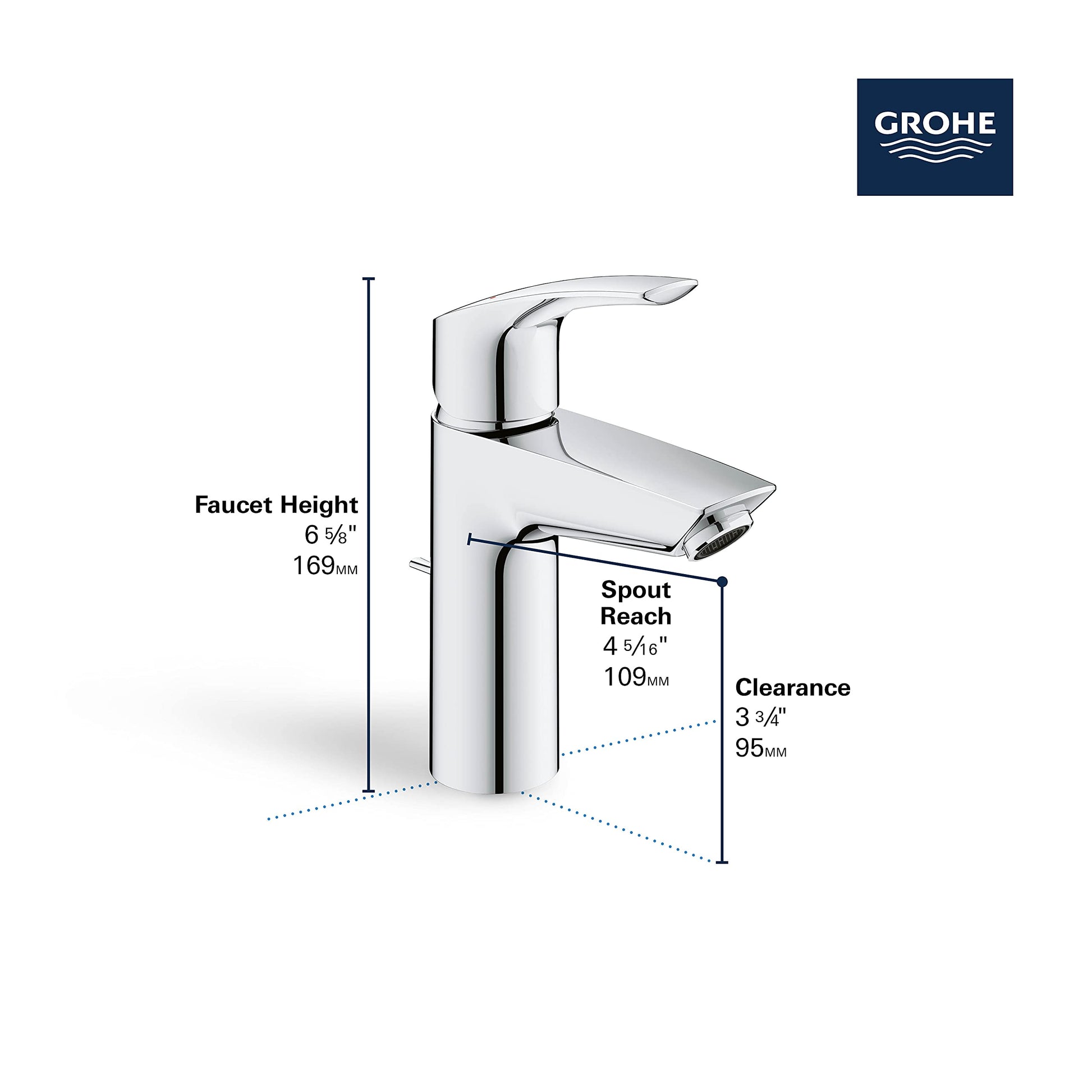 Chrome single-handle bathroom faucet with curved spout and dimensions labeled for height, reach, and clearance.