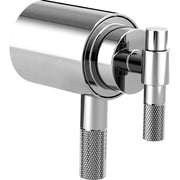 Polished chrome thermostatic valve trim with cylindrical body and two T-lever handles with textured grips.