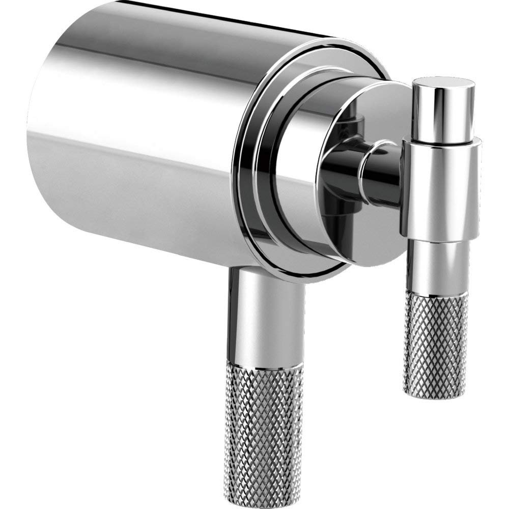 Polished chrome thermostatic valve trim with cylindrical body and two T-lever handles with textured grips.