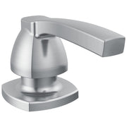 Stainless steel soap and lotion dispenser with dome pump head and rectangular spout in brushed finish.