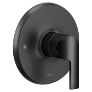 Matte black single-handle valve trim with circular escutcheon plate and lever handle for shower or tub installation.
