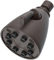 Oil rubbed bronze rainfall showerhead with multiple spray nozzles and adjustable arm mount.