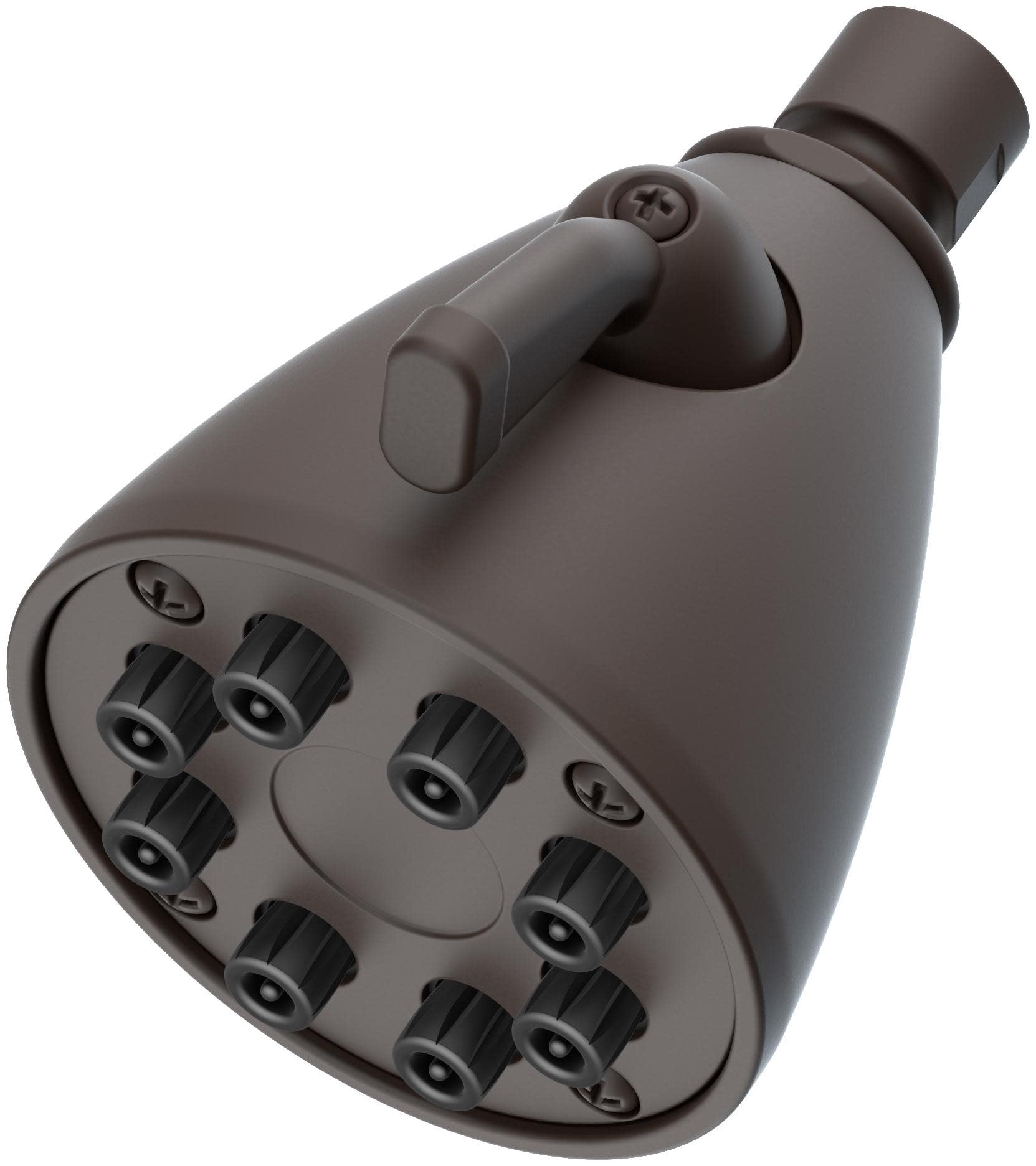 Oil rubbed bronze rainfall showerhead with multiple spray nozzles and adjustable arm mount.