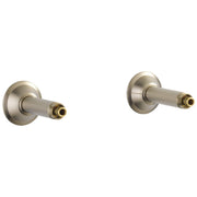 Pair of brushed nickel wall-mount tub filler unions with brass connectors.