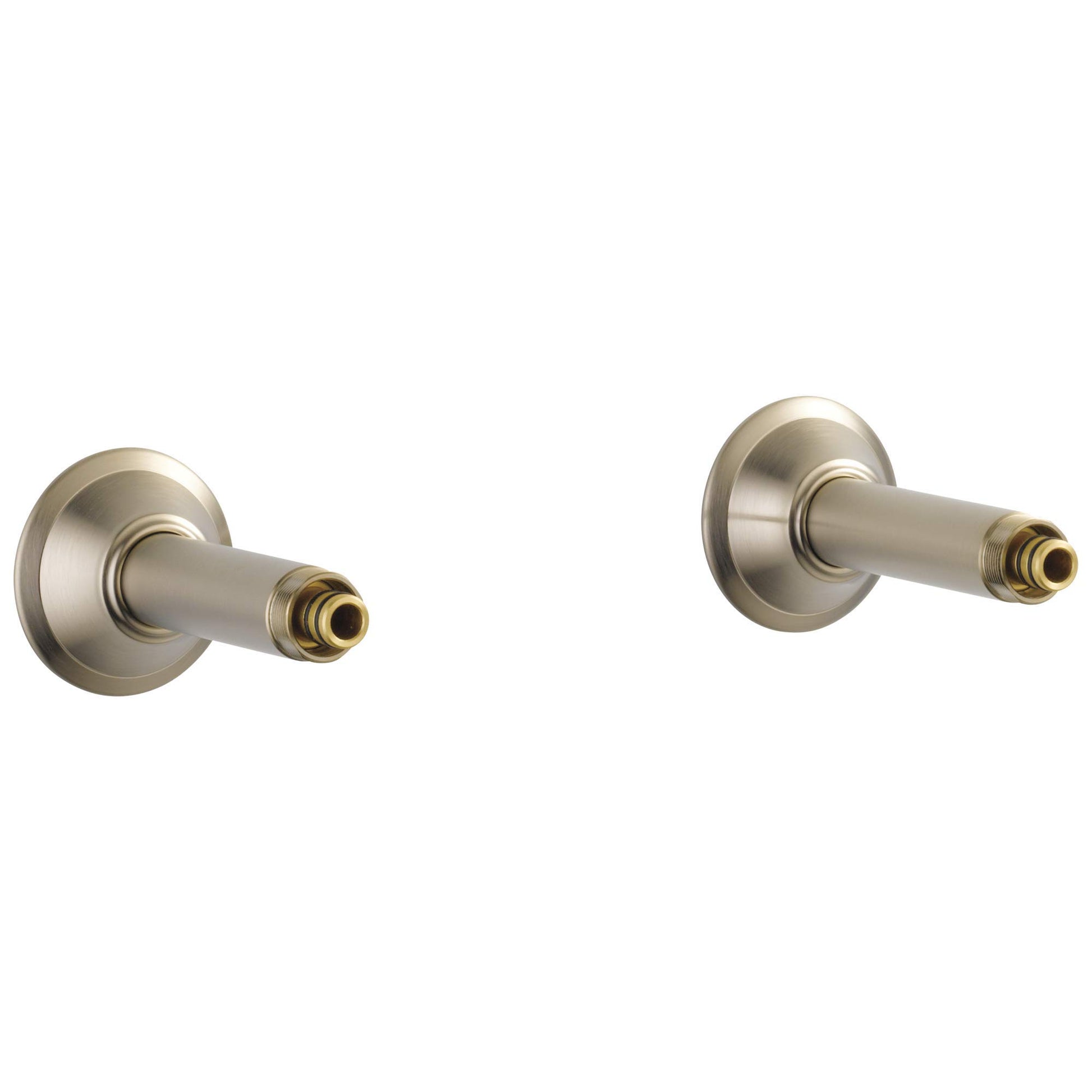 Pair of brushed nickel wall-mount tub filler unions with brass connectors.