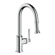 Chrome high-arc kitchen faucet with pull-down spray head and single lever handle.