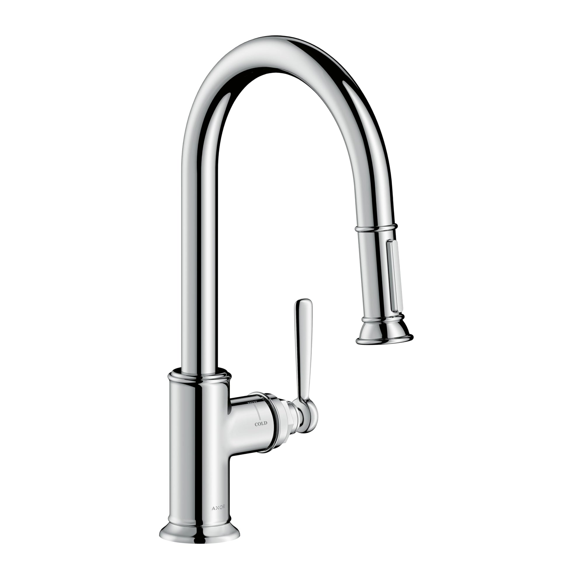 Chrome high-arc kitchen faucet with pull-down spray head and single lever handle.
