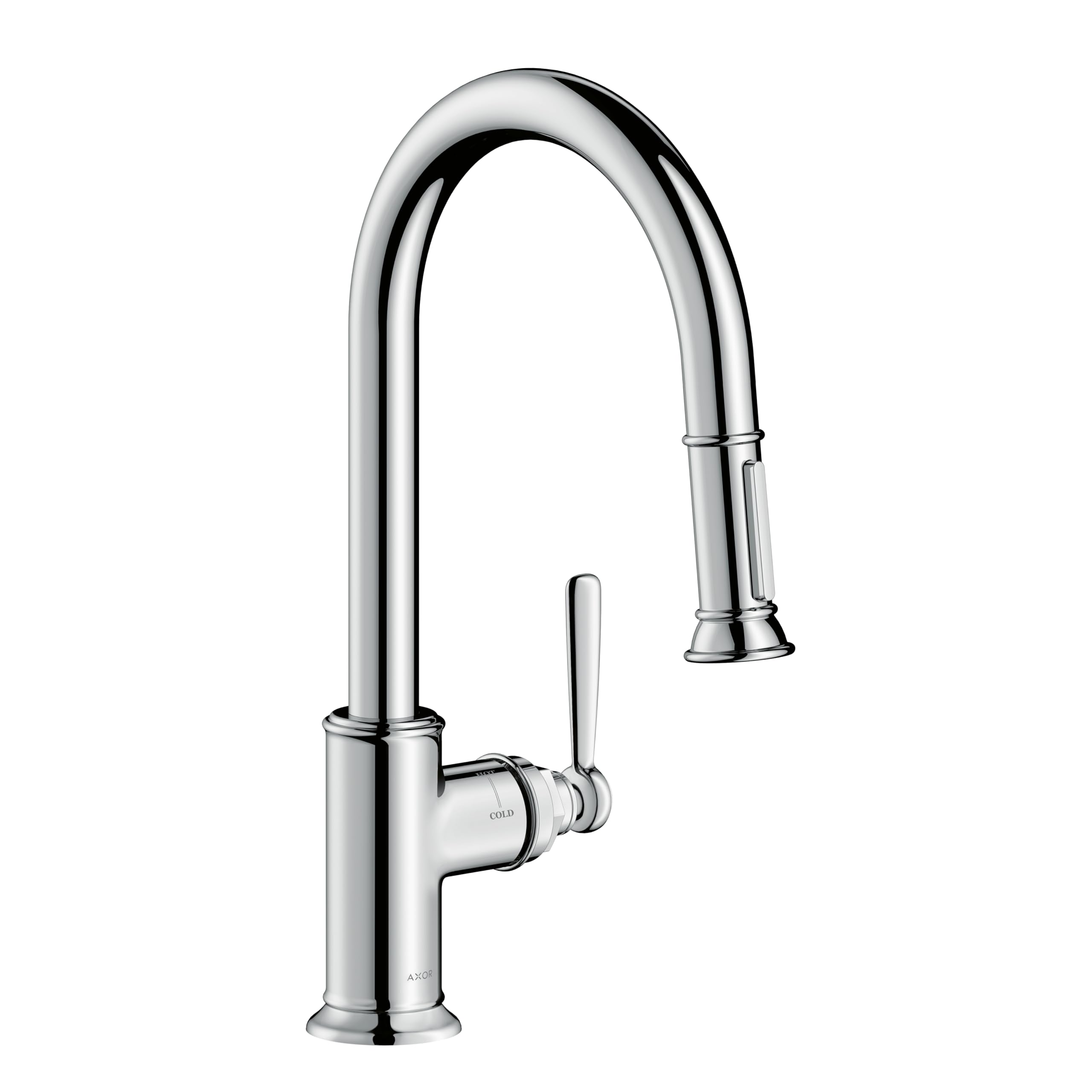 Chrome high-arc kitchen faucet with pull-down spray head and single lever handle.