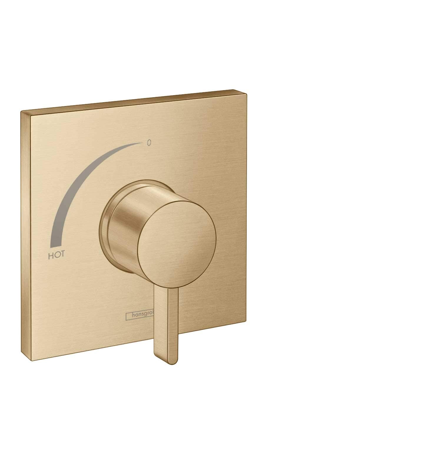 Brushed bronze square pressure balance valve trim with circular lever handle and temperature control dial marked "HOT".