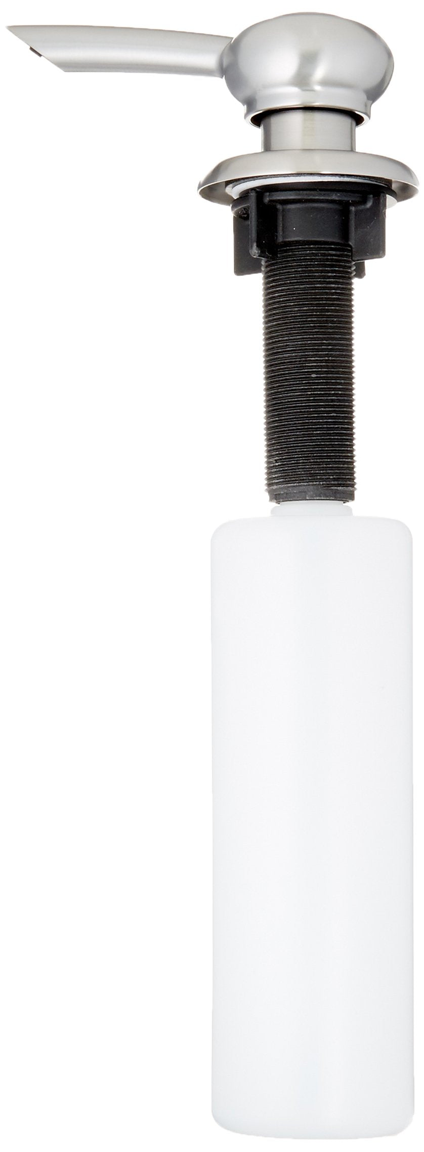 Stainless steel soap dispenser with spherical pump head, threaded metal stem, and white plastic reservoir bottle.