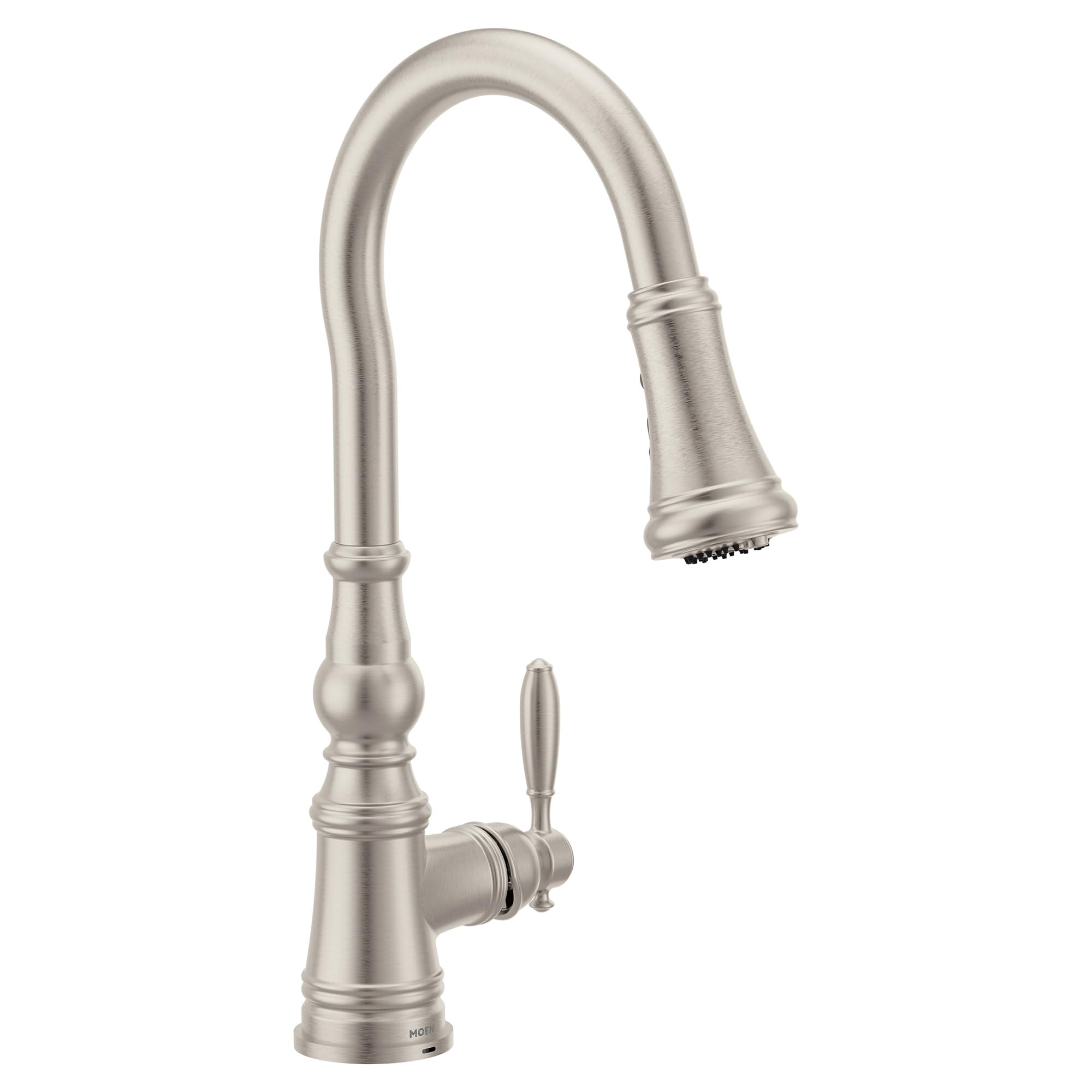 Stainless steel pulldown kitchen faucet with curved spout and single handle lever control.