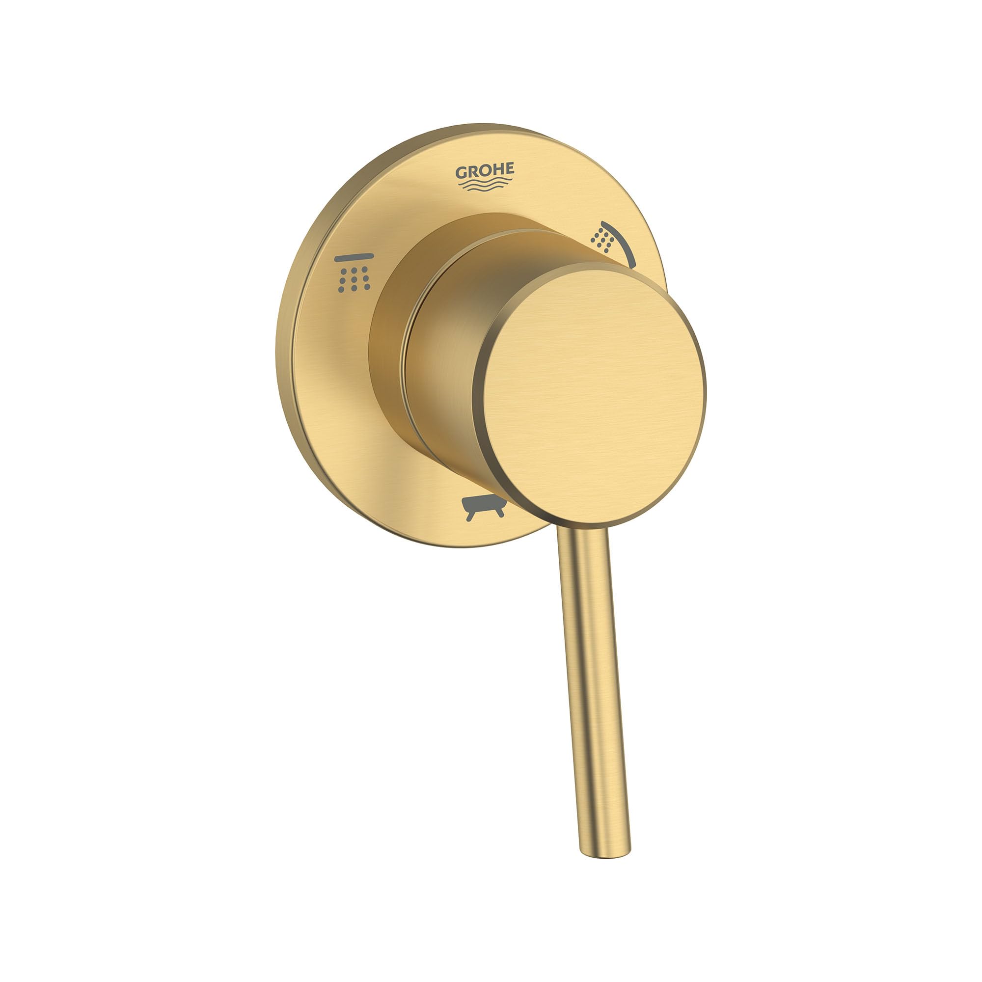 Grohe Concetto 3-way diverter trim with round handle in brushed cool sunrise gold finish.