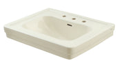 Rectangular self-rimming bathroom sink in beige with faucet holes and integrated basin.