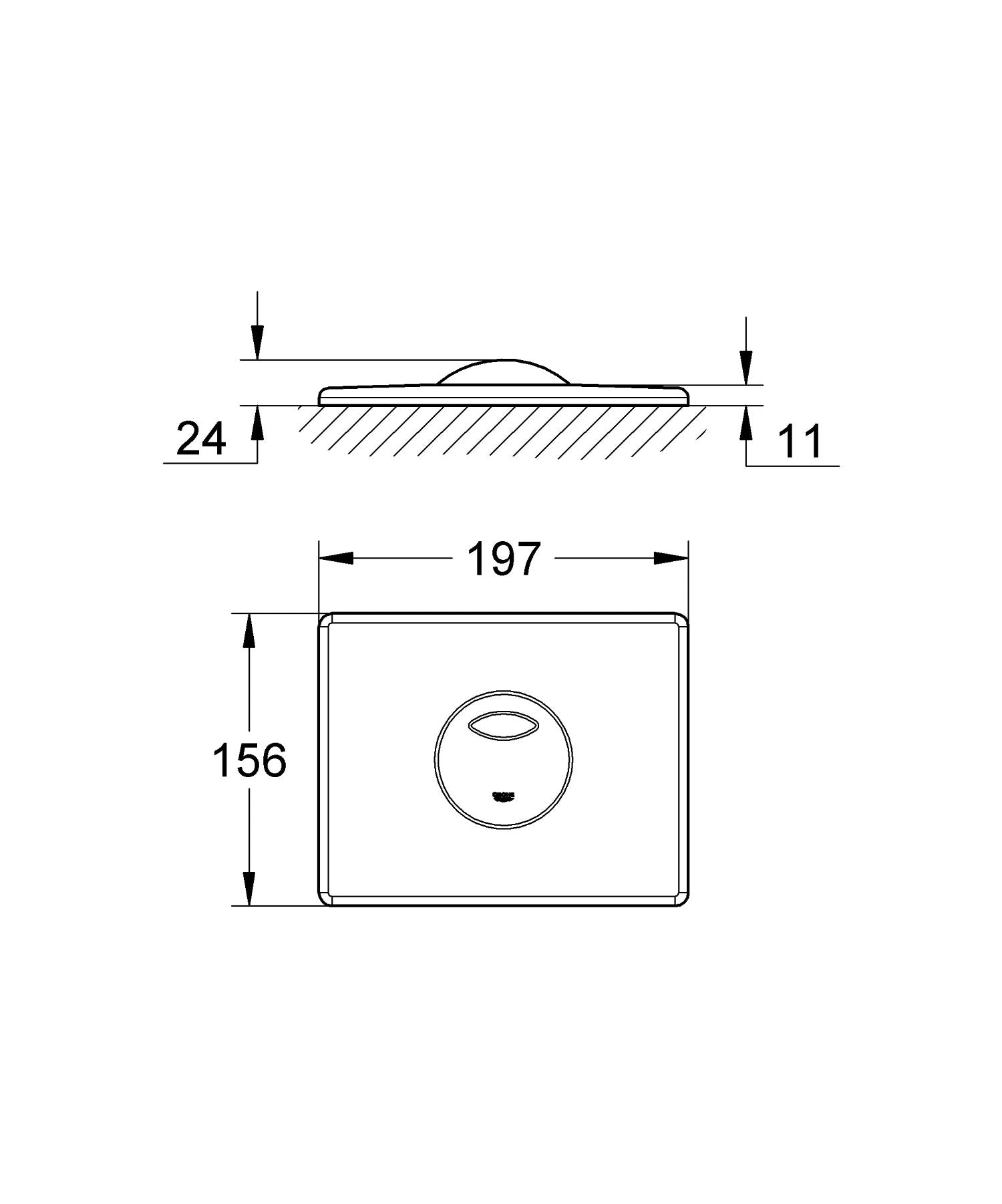 Chrome wall plate with circular outlet opening and mounting dimensions of 197x156mm, shown in front and side profile views.