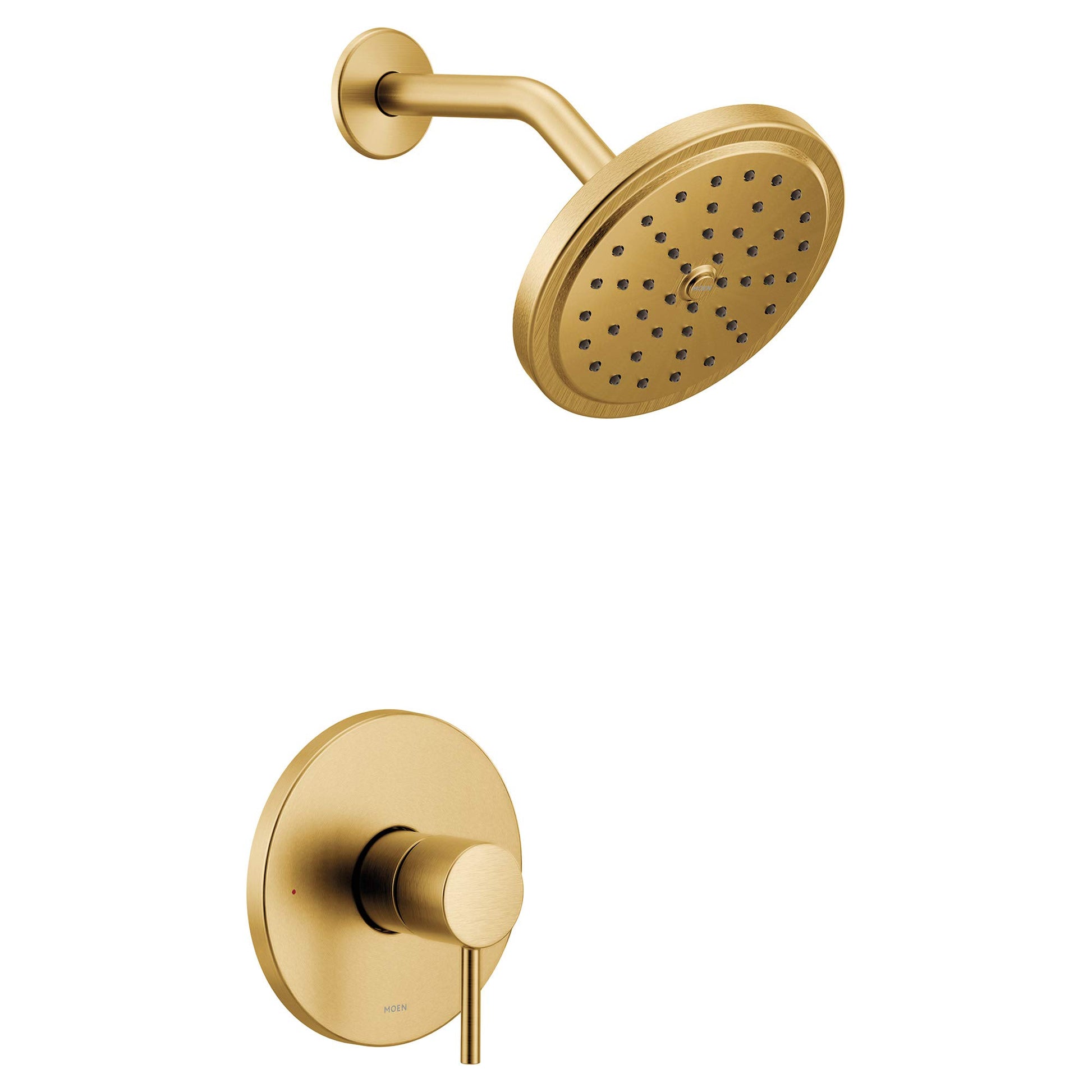 Brushed gold shower trim kit with round showerhead and lever handle control valve.