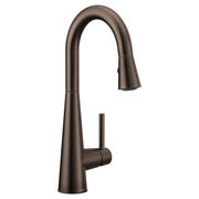 Oil rubbed bronze single-handle kitchen faucet with high arc spout and pulldown spray head.