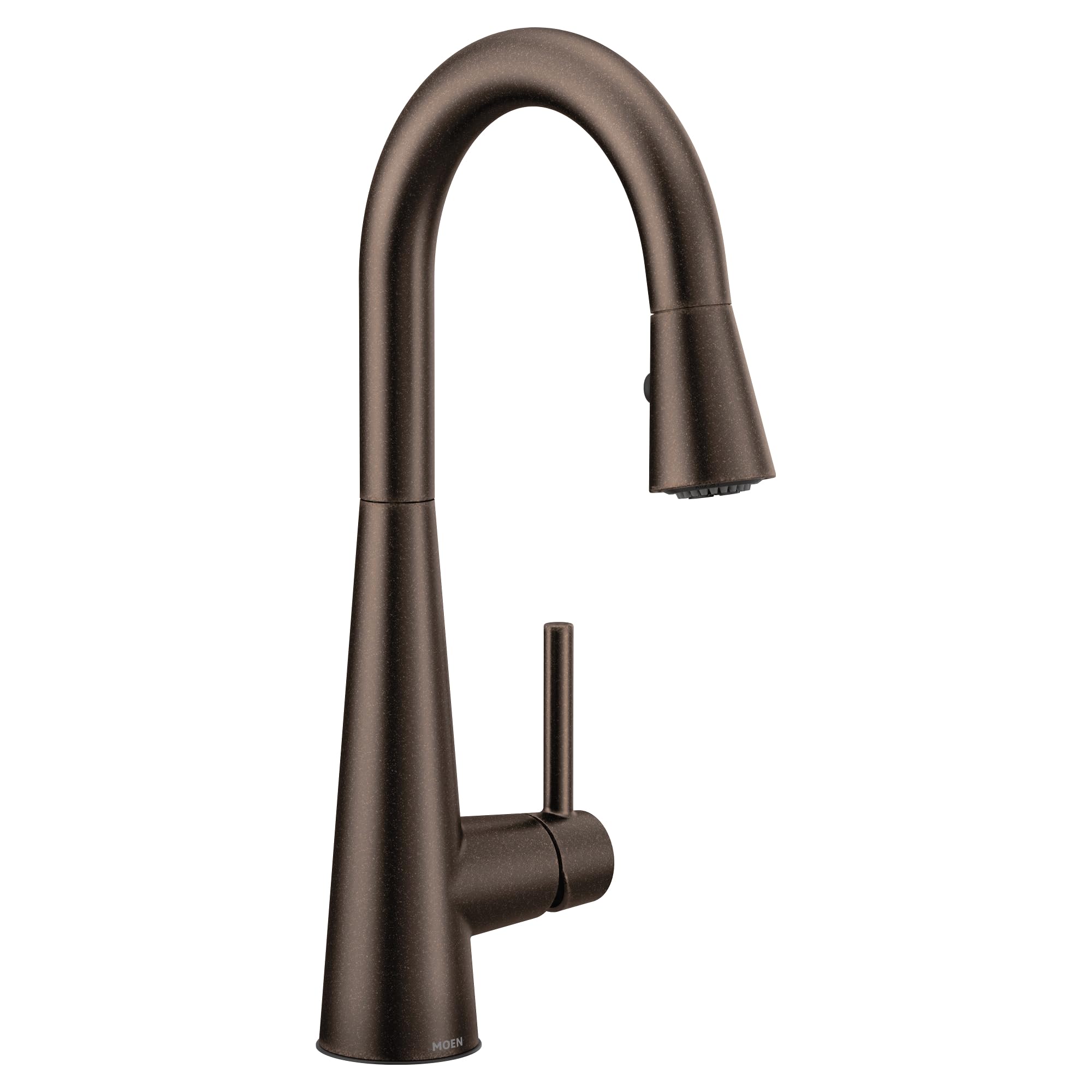 Oil rubbed bronze single-handle kitchen faucet with high arc spout and pulldown spray head.