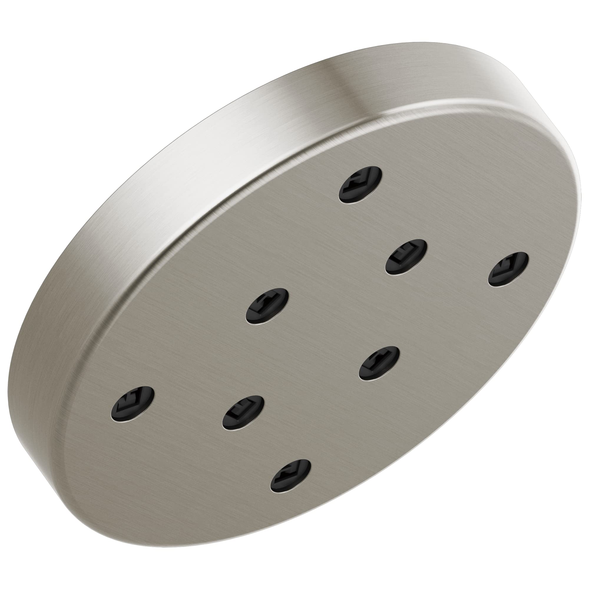 Brushed metal raincan shower head with nine black oval spray outlets arranged in a circular pattern.