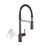 Black stainless steel high-arc kitchen faucet with coiled pull-down sprayer and motion sensor activation.