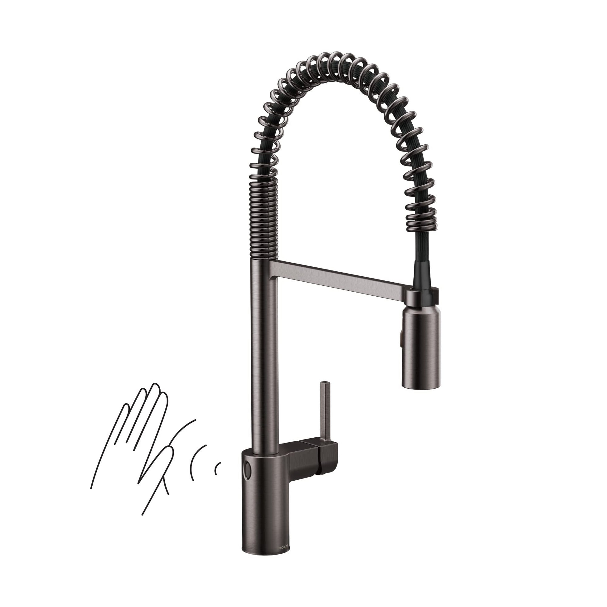 Black stainless steel high-arc kitchen faucet with coiled pull-down sprayer and motion sensor activation.