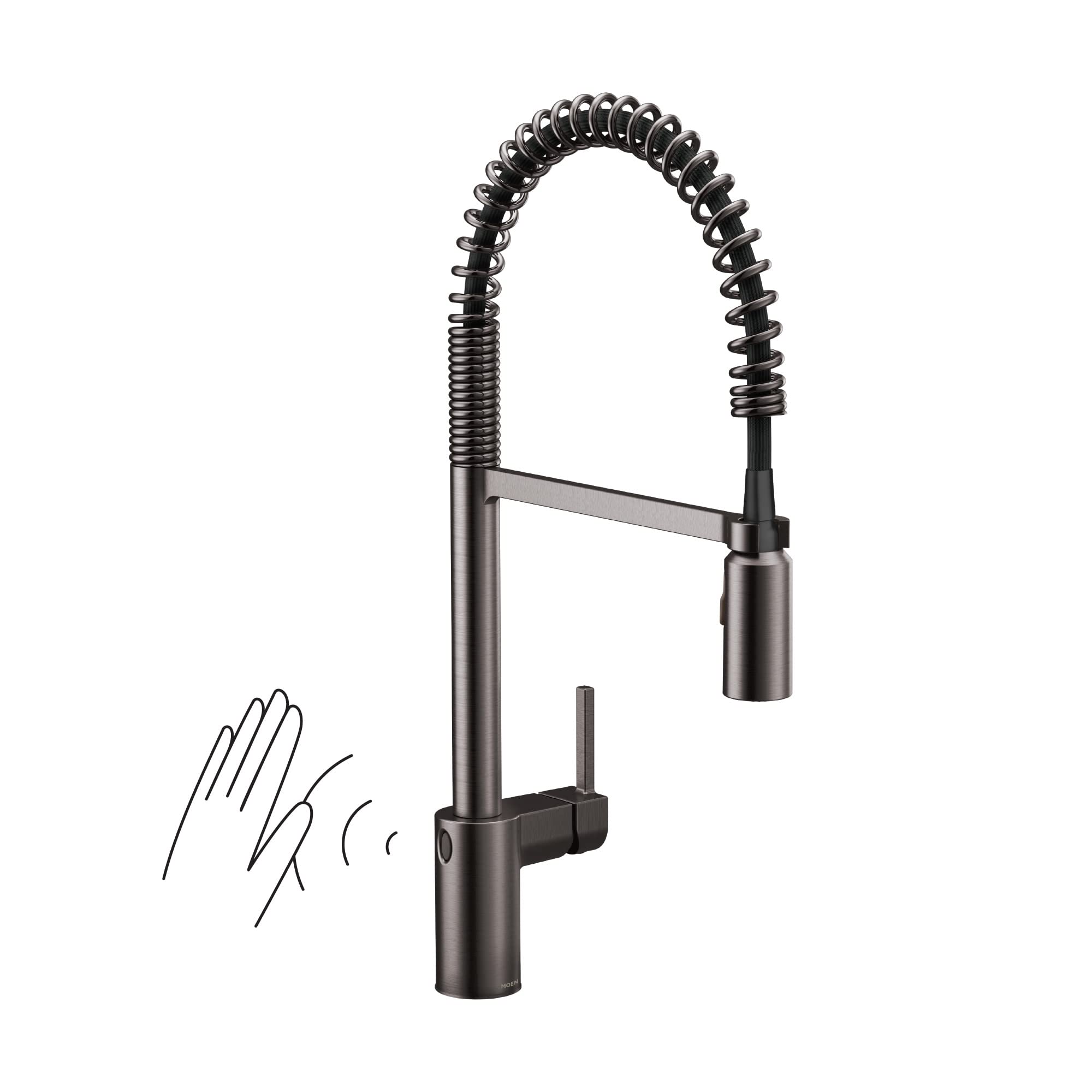 Black stainless steel high-arc kitchen faucet with coiled pull-down sprayer and motion sensor activation.