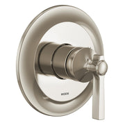 Polished nickel shower trim kit with single lever handle and circular escutcheon plate.