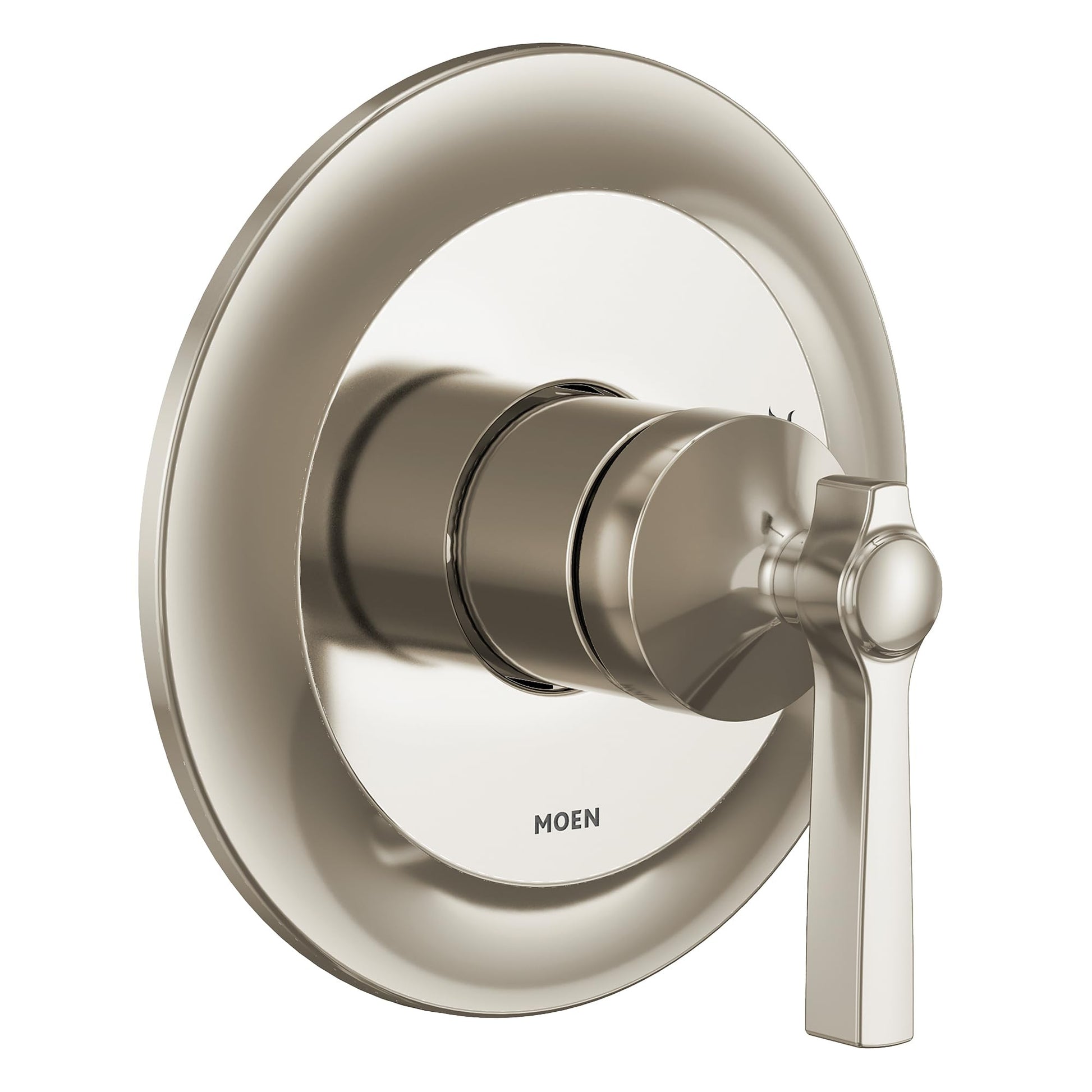 Polished nickel shower trim kit with single lever handle and circular escutcheon plate.