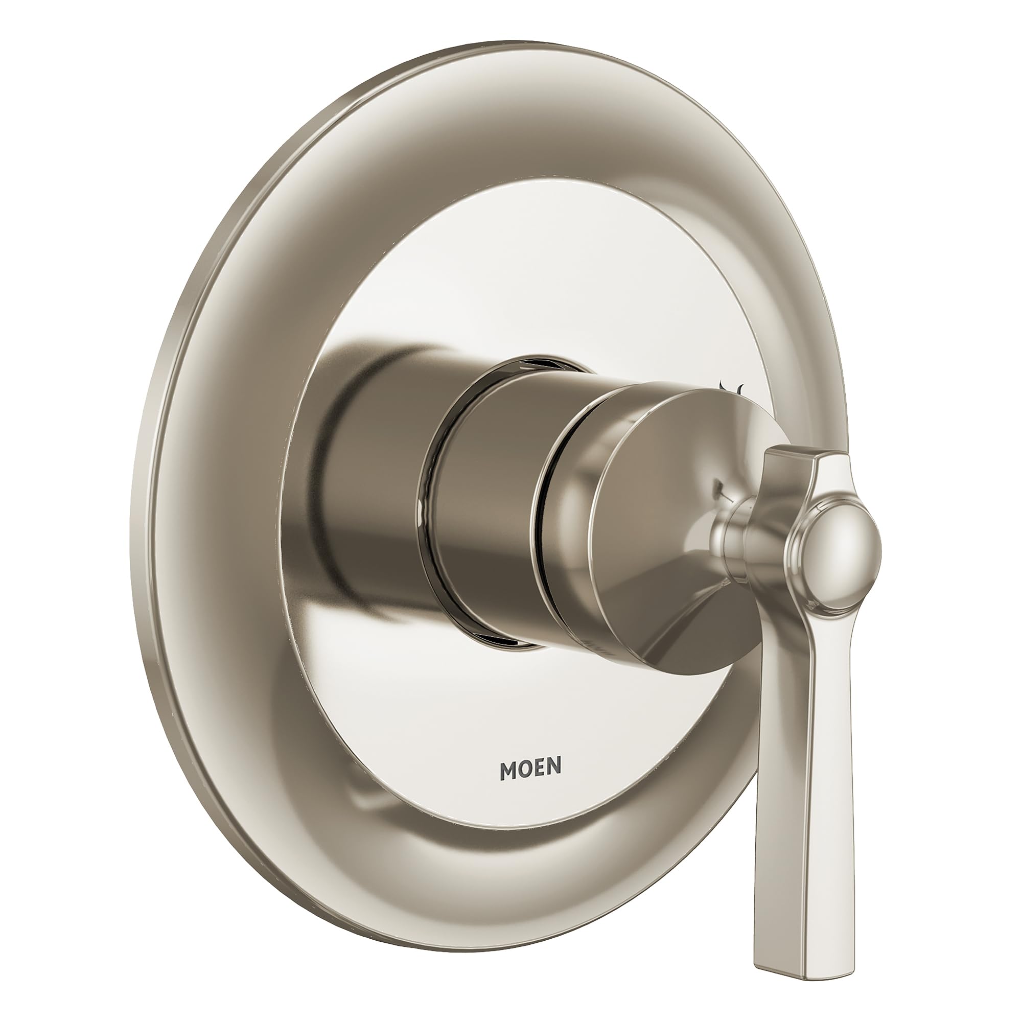 Polished nickel shower trim kit with single lever handle and circular escutcheon plate.