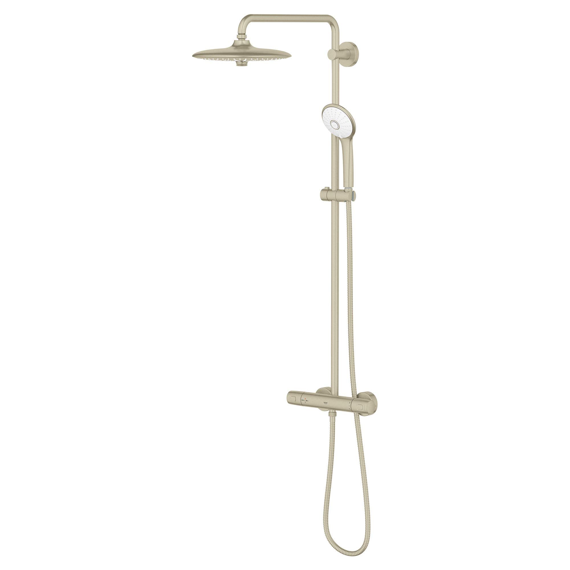 Brushed nickel thermostatic shower system with overhead rainfall head, handheld sprayer, and vertical pipe mounted on wall.