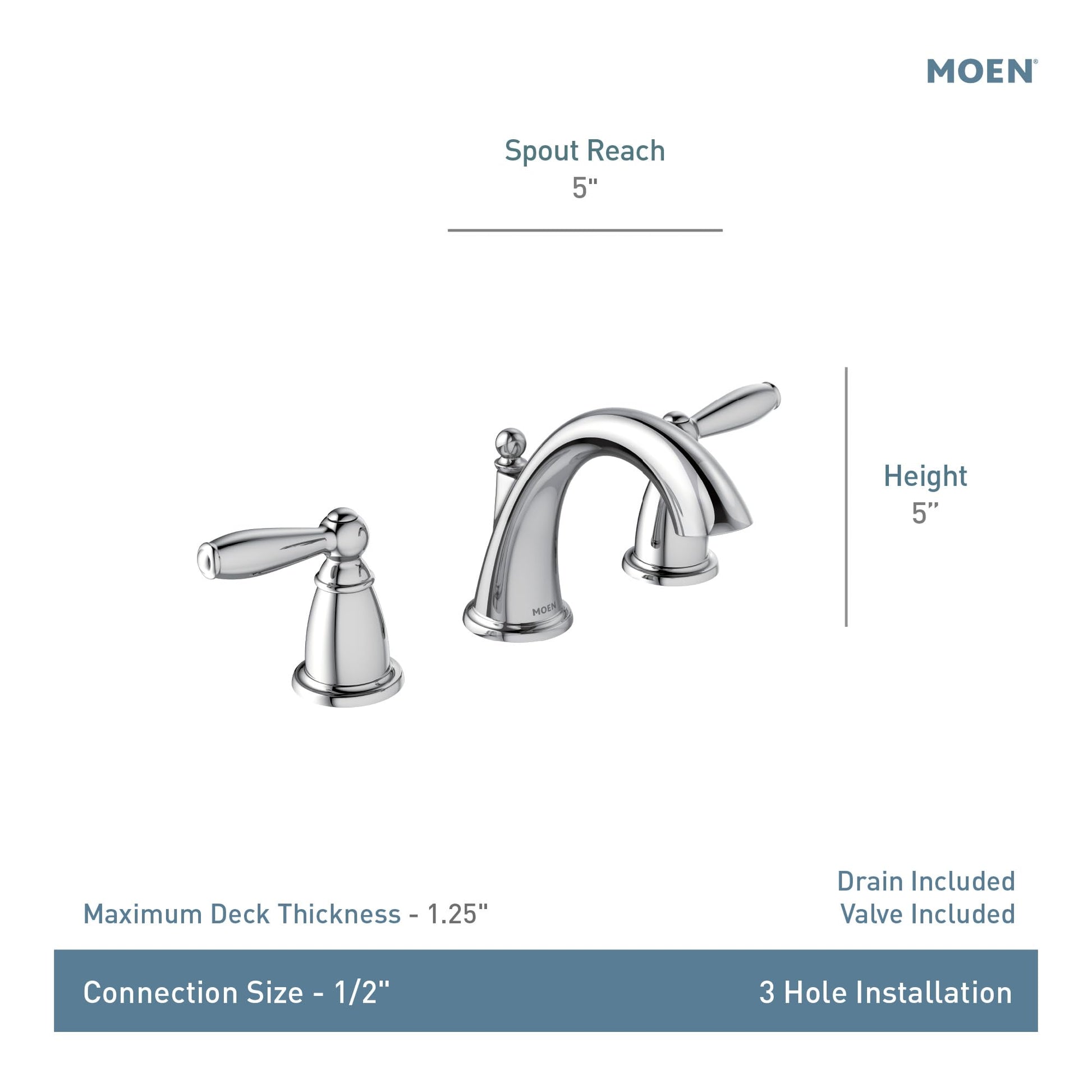 Moen Brantford two-handle widespread faucet trim with curved spout, lever handles, and chrome finish shown with specification