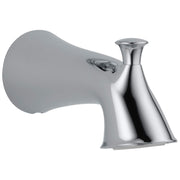 Chrome tub spout with curved tapered design and pull-up diverter lever on curved mounting plate.
