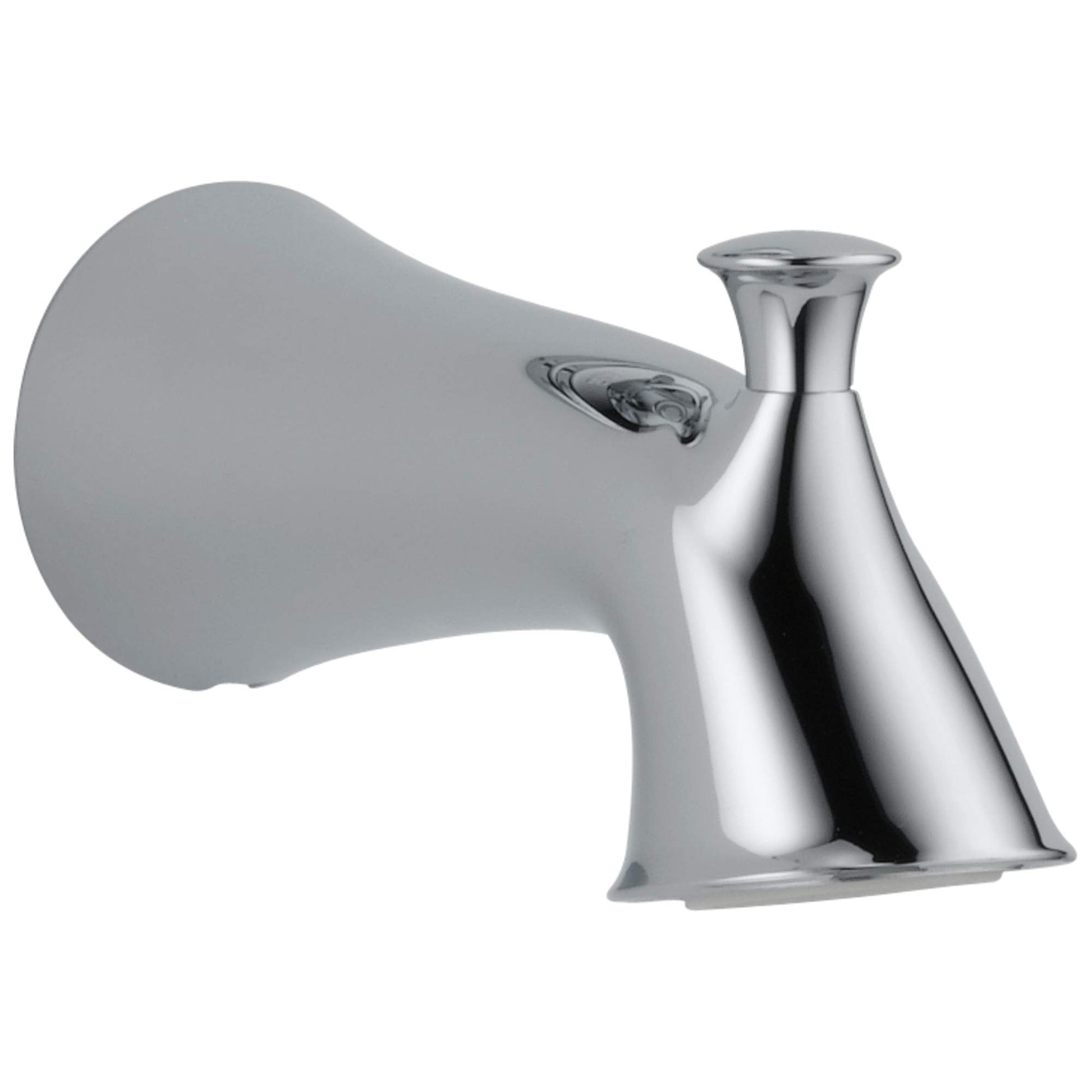 Chrome tub spout with curved tapered design and pull-up diverter lever on curved mounting plate.