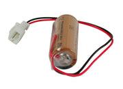 Cylindrical battery with red and black wires attached to white connector on left side.