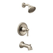 Brushed nickel tub and shower faucet set with round showerhead, valve trim, and tub spout.