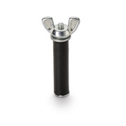 Black mechanical test plug with metal wing-nut handle and threaded top for pipe testing applications.