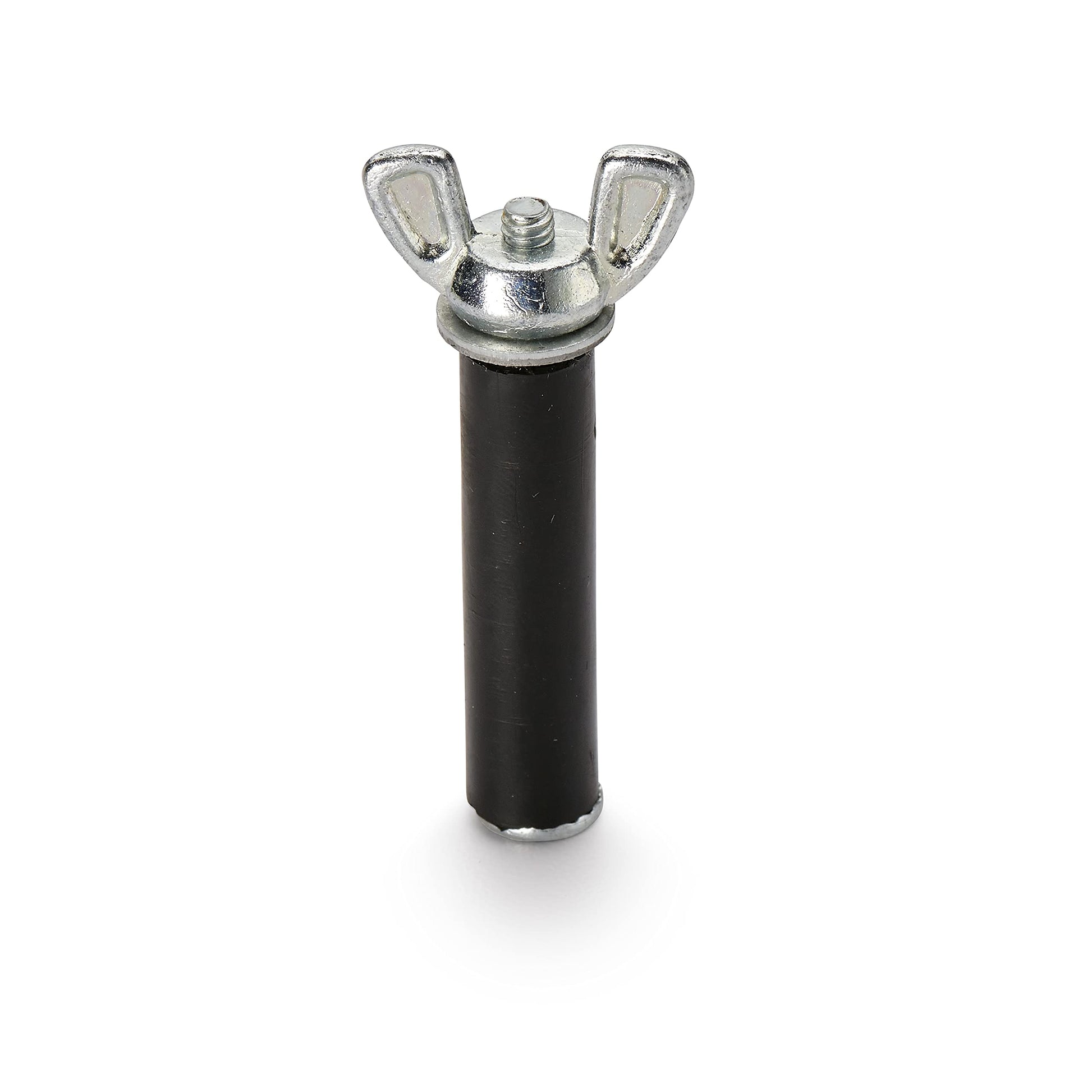 Black mechanical test plug with metal wing-nut handle and threaded top for pipe testing applications.