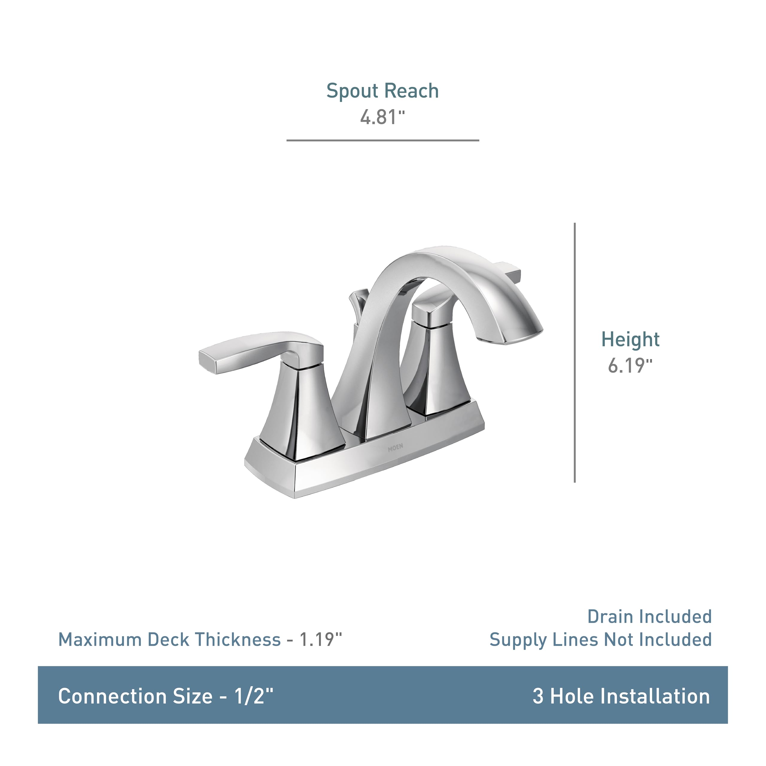 Moen Voss two-handle bathroom faucet in brushed nickel with high arcing spout and lever handles.
