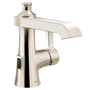 Polished nickel single-handle bathroom sink faucet with curved spout and motion sensor on base.