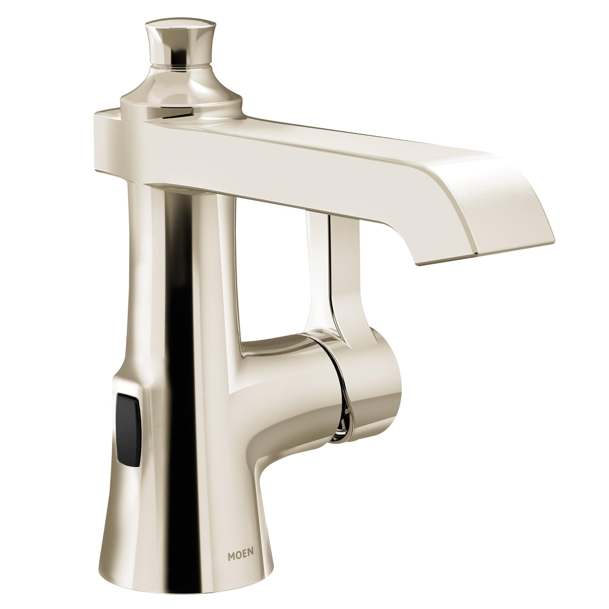 Polished nickel single-handle bathroom sink faucet with curved spout and motion sensor on base.