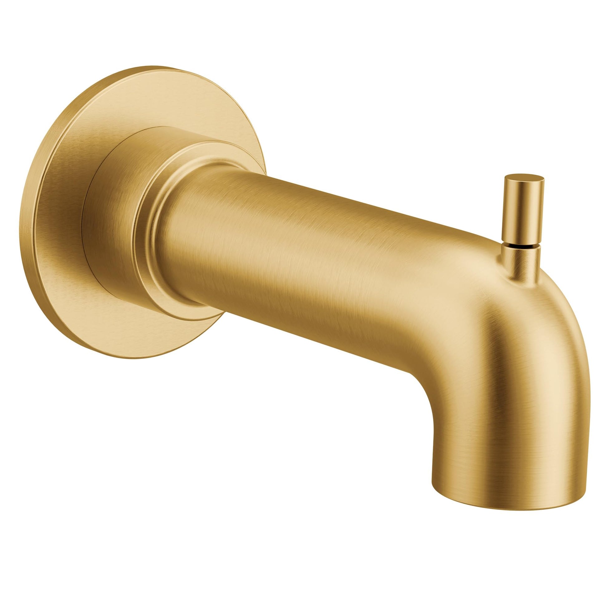 Brushed gold tub spout with curved outlet and diverter lever on right side.