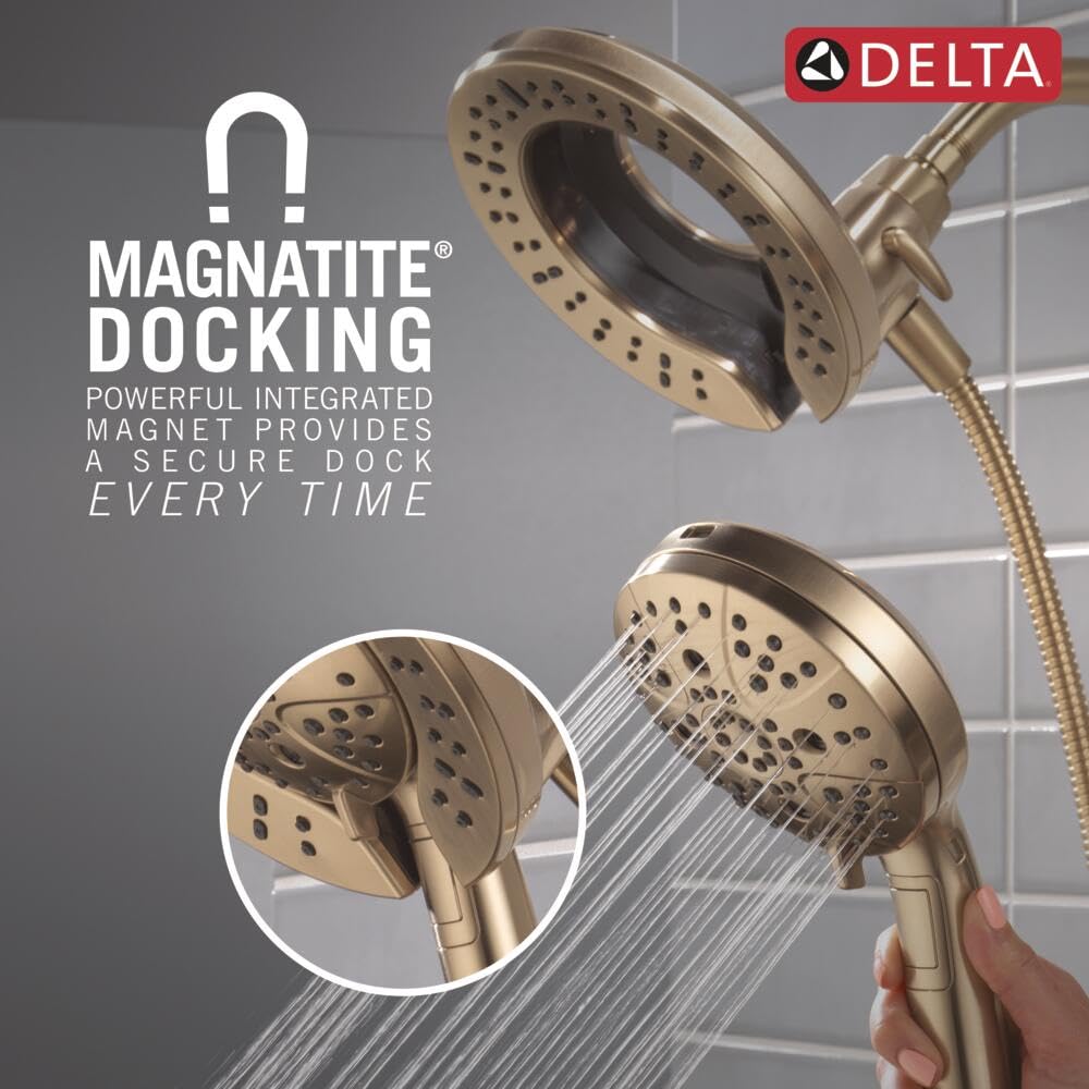 Champagne bronze Delta showerhead with multiple spray holes and docking feature, shown mounted and handheld with water sprayi