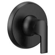 Matte black single-handle shower valve trim with round escutcheon plate and lever handle.