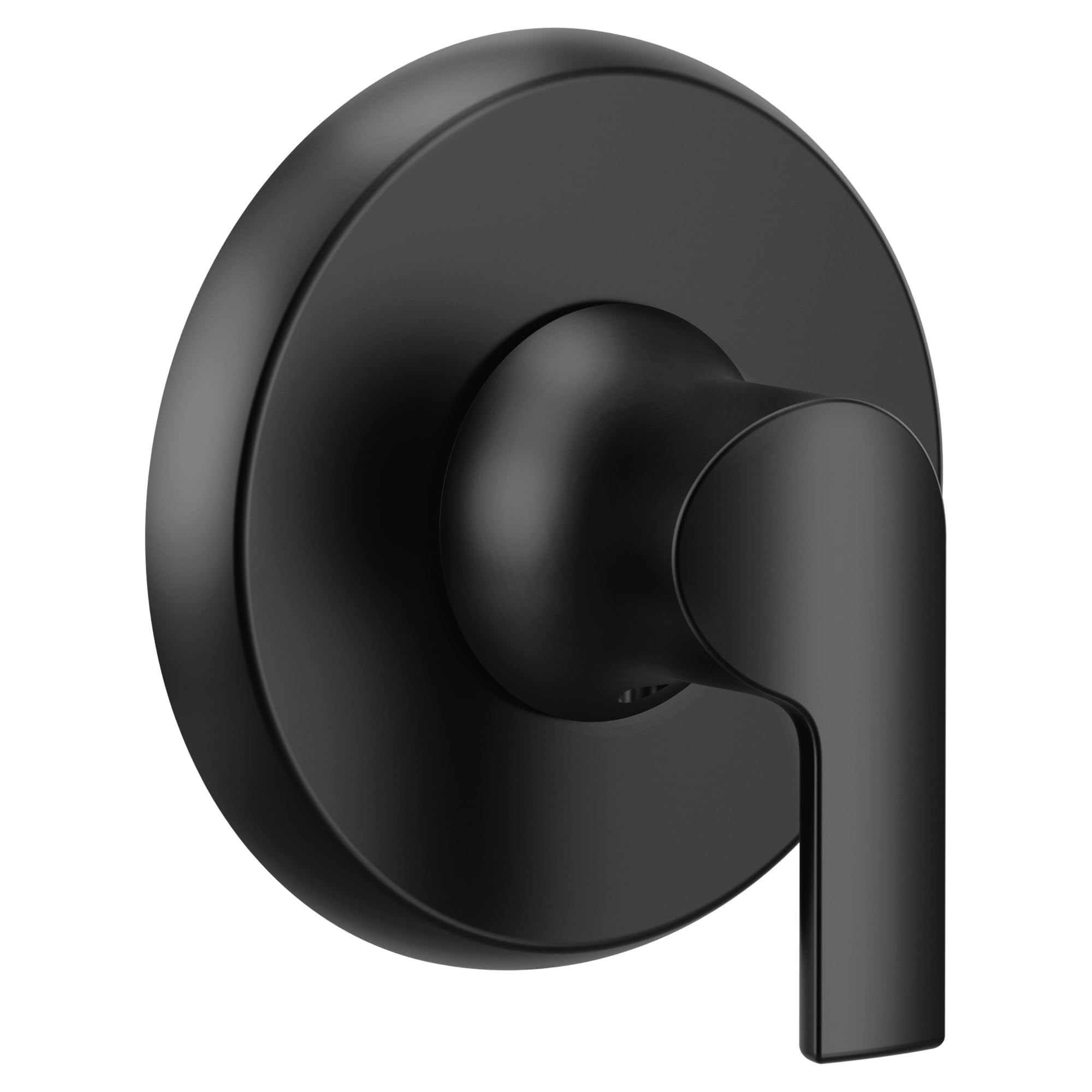 Matte black single-handle shower valve trim with round escutcheon plate and lever handle.
